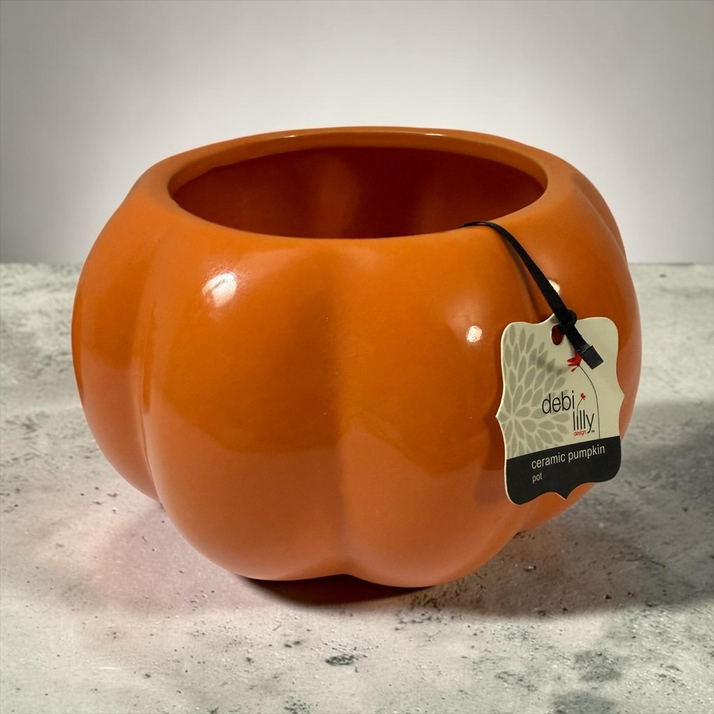 Debi Lilly Design Orange Ceramic Pumpkin Pot 4in Fall Halloween Decor Planter
